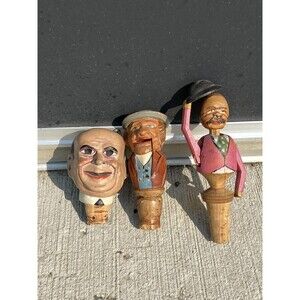 Lot Of 3, 1 German Porcelain & 2 Anri Hand Carved/Painted Wood Bottle Stoppers